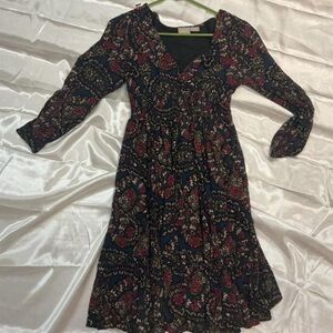 Navy Floral Long-Sleeve Midi Dress with V-Neck